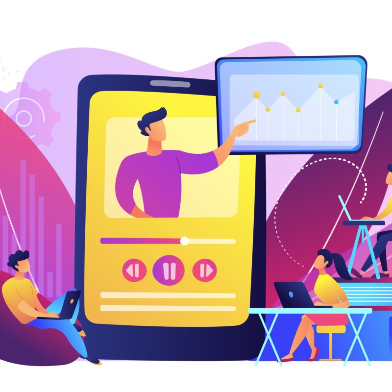 Students watching online training video with teacher and chart on tablet. Online teaching, share your knowledge, english teacher online concept. Bright vibrant violet vector isolated illustration
